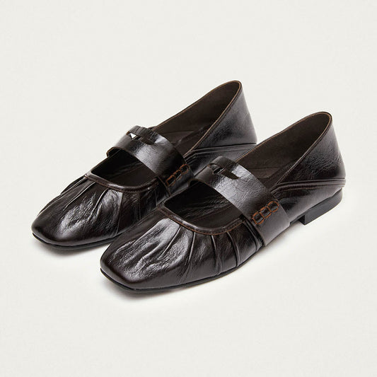 Dark Brown Strap Mary Jane Square Toe Ballet Flats for Women
