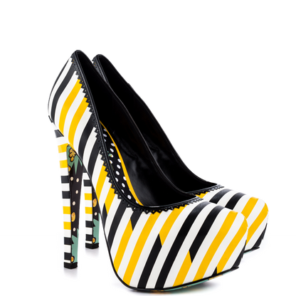 Yellow and Black Striped Print Closed Toe High Heels Platform Pumps
