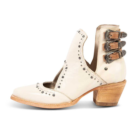 Beige Closed Toe Studded Hollow-Out Block Heel Side V Cut Ankle Boots