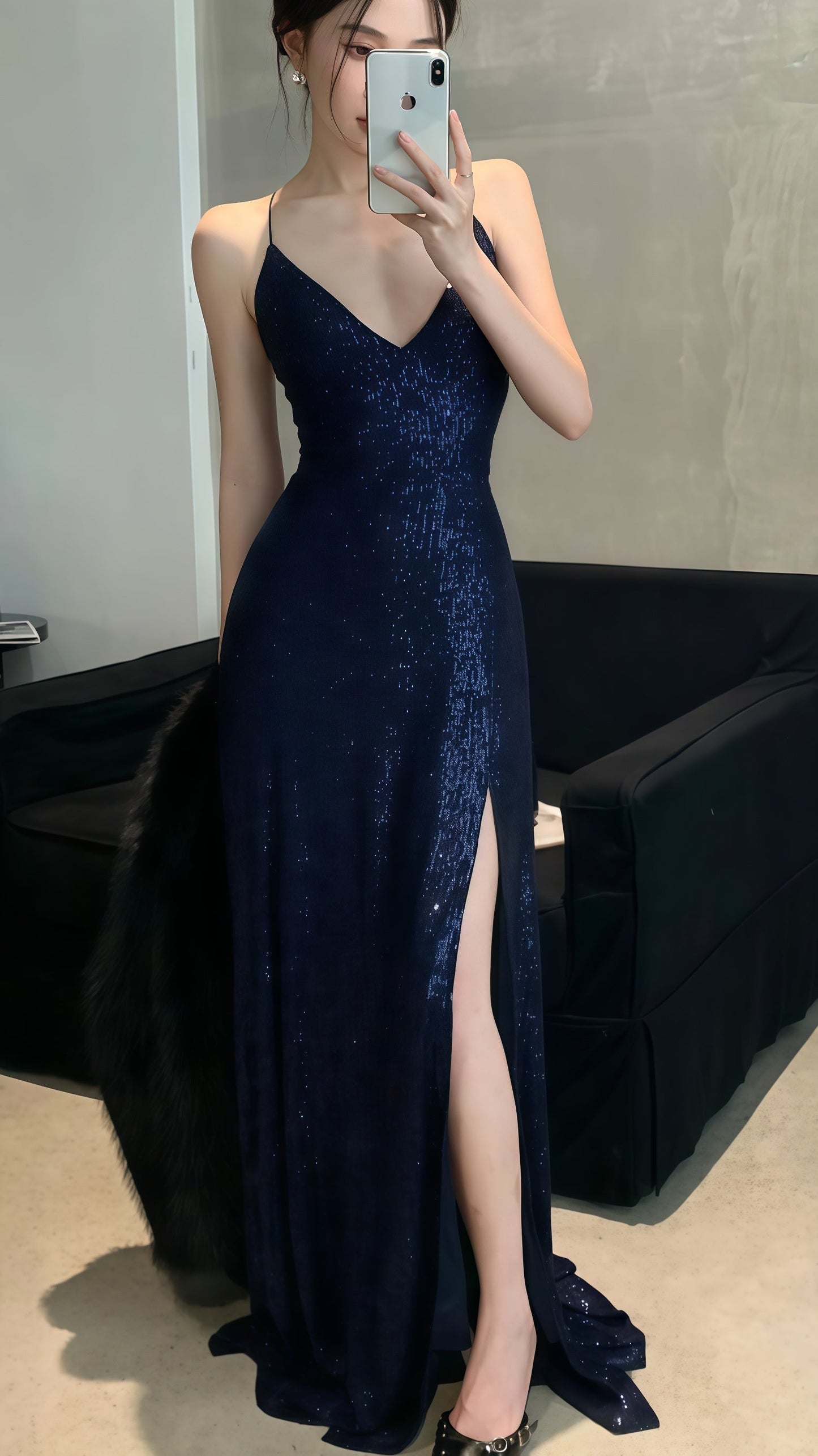 Navy Blue Sequin Mermaid Prom Dress V-Neck Cross Back Long Evening Gown