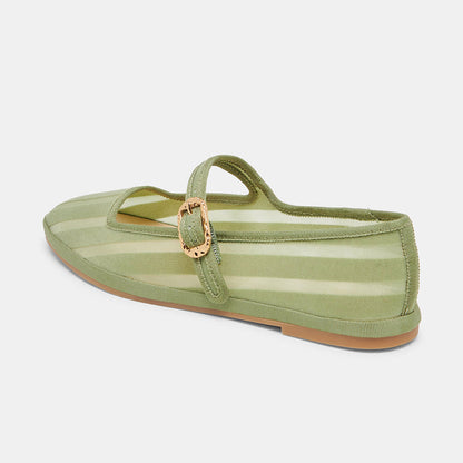 Classic Green Mesh Round Toe Stripes Buckle Strap Flats By FSJ