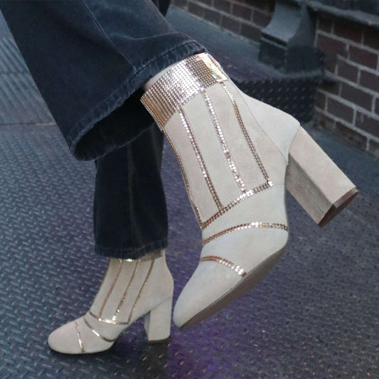 Beige Vegan Suede Block Heel Studded Fashion Ankle Boots with Zip