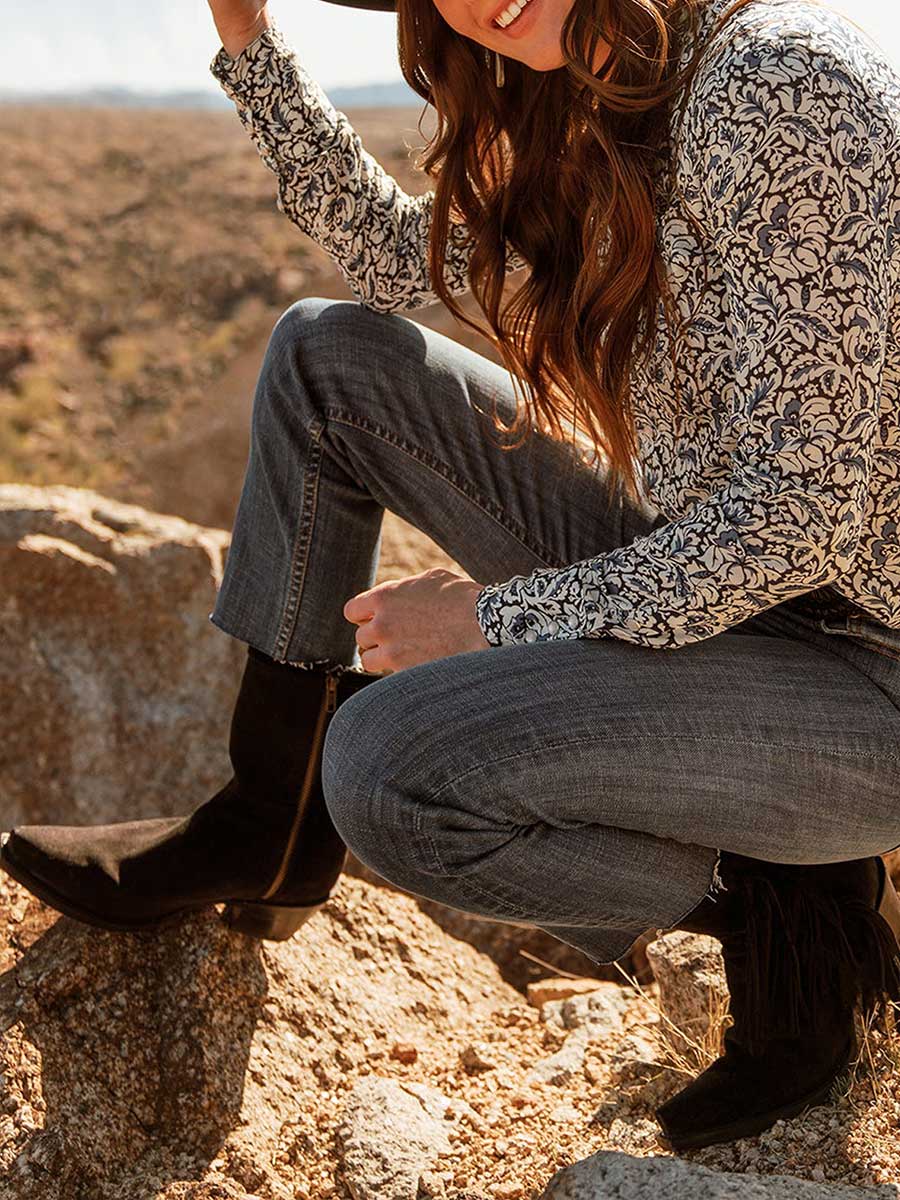 Black Faux Suede Snip Toe Angle Fringe Side-Zipper Cowgirl Ankle Boots With Chunky Heels