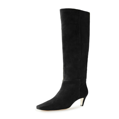 Black Vegan Suede Square Toe Kitten Heel Knee High Boots for Women