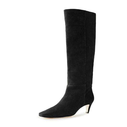 Black Vegan Suede Square Toe Kitten Heel Knee High Boots for Women