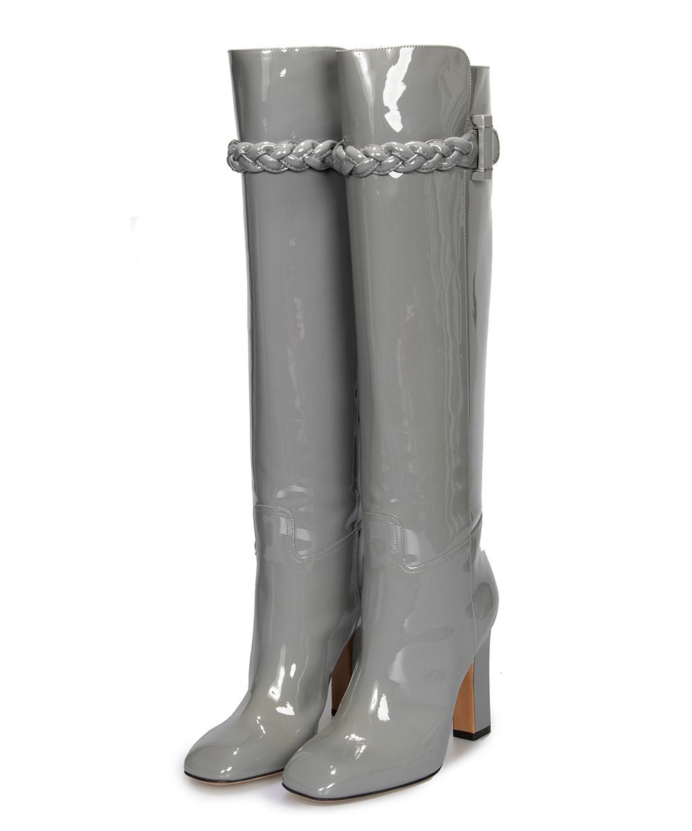 Grey Patent Leather Square Toe Knee High Boots with Block Heels