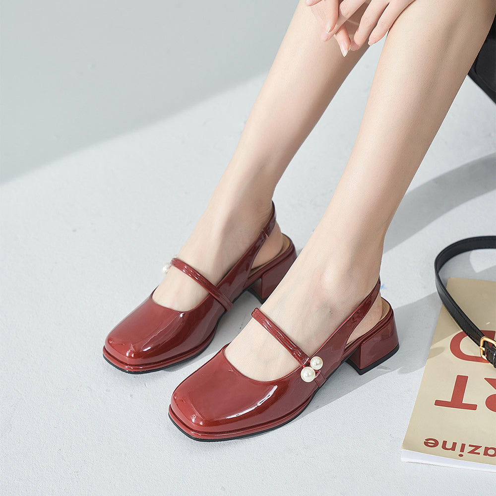 Maroon Patent Leather Square Toe Chunky Heel Slingback Loafers