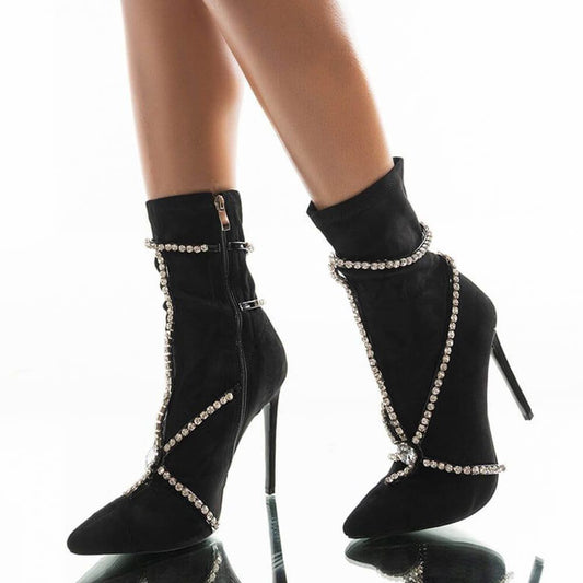 Black Vegan Suede Pointed Toe Rhinestone Stiletto Heel Ankle Boots