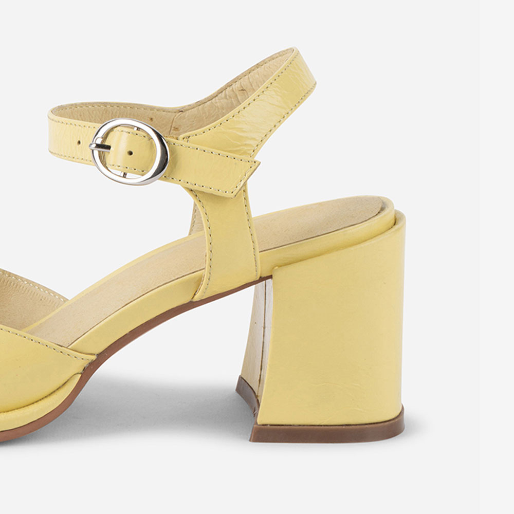 Yellow Open-Toe Ankle Strap Vegan Leather Block Heel Sandals