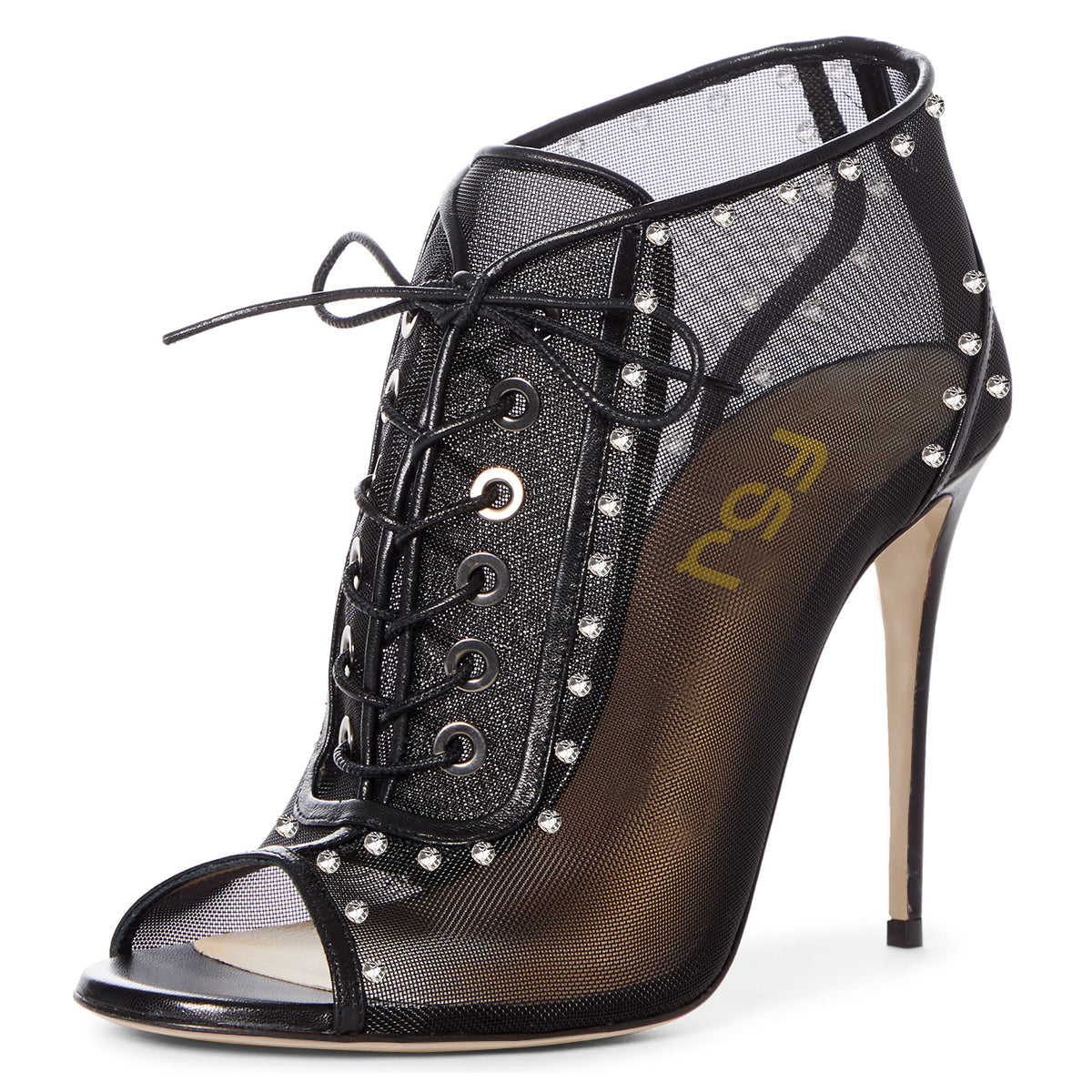 Black Lace Up Nets Peep Toe Stiletto Heel Ankle Boots