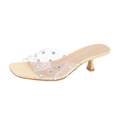 Beige Open Square Toe Rhinestone Kitten Heel Clear Mules Sandals