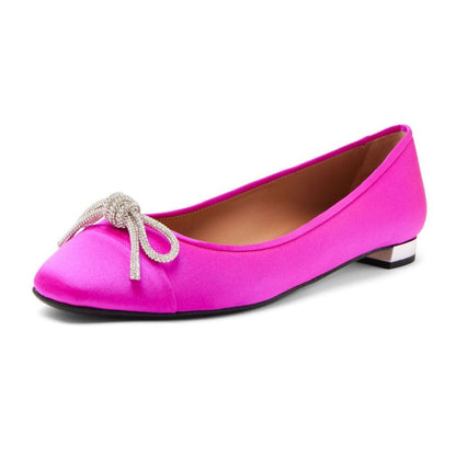 Satin Rhinestone Bows Round Toe Slip-On Ballet Flats in Fuchsia