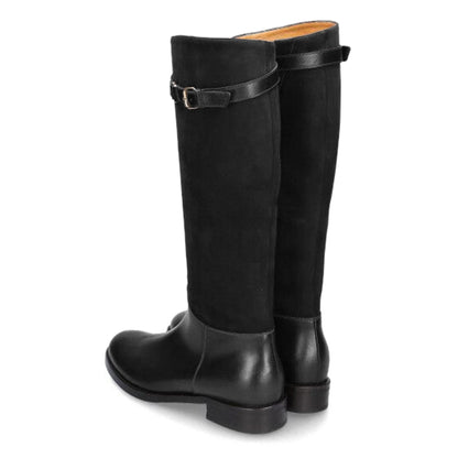 Black Patchwork Buckle Strap Round Toe Flat Knee High Boots for Women