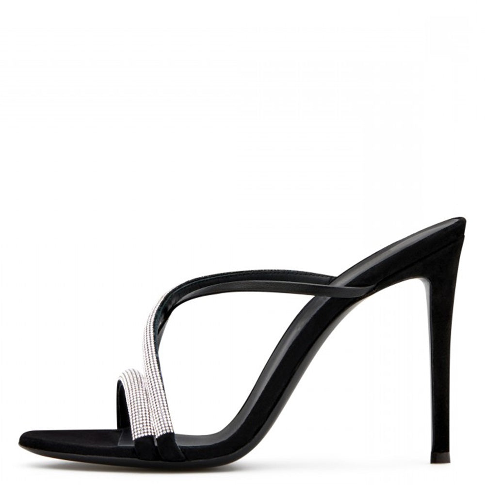 Women's Rhinestone Embellished Crisscross Straps Black High Heel Mules