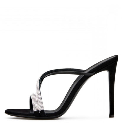 Women's Rhinestone Embellished Crisscross Straps Black High Heel Mules