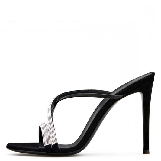 Women's Rhinestone Embellished Crisscross Straps Black High Heel Mules