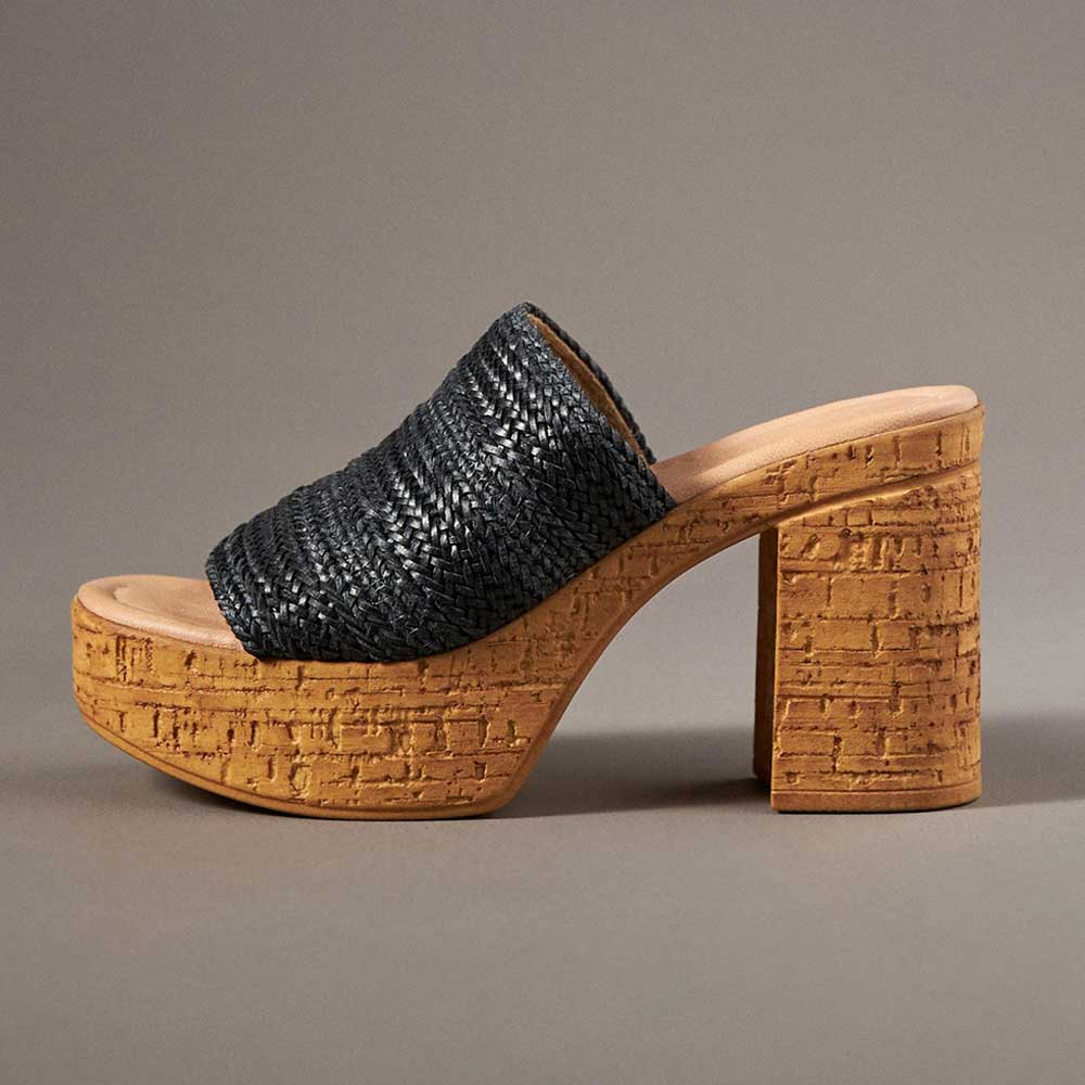 Black Woven Open Square Toe Block Heel Slip-On Platform Mules Shoes