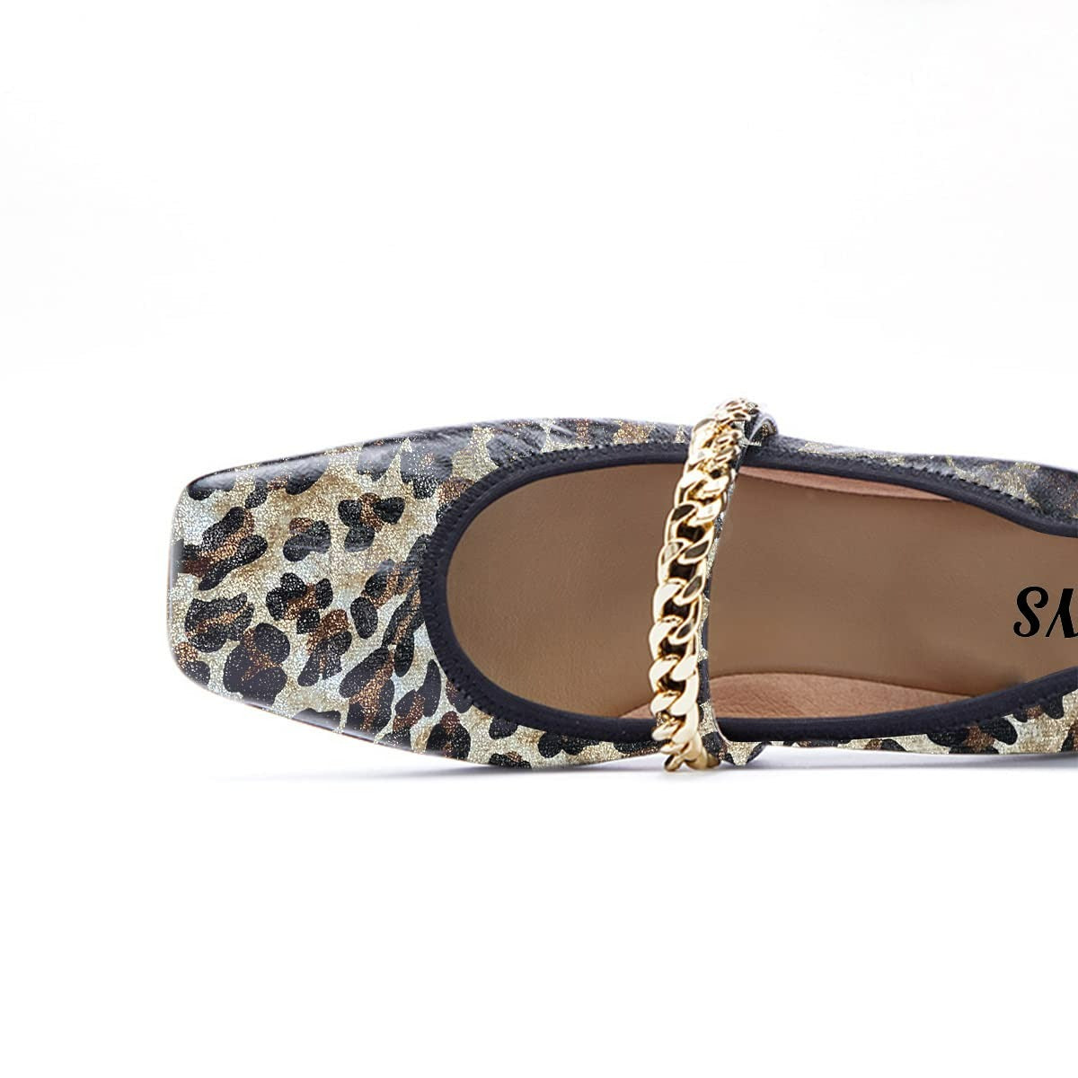 Trendy Square Toe Chain Strap Vegan Leather Leopard Flats