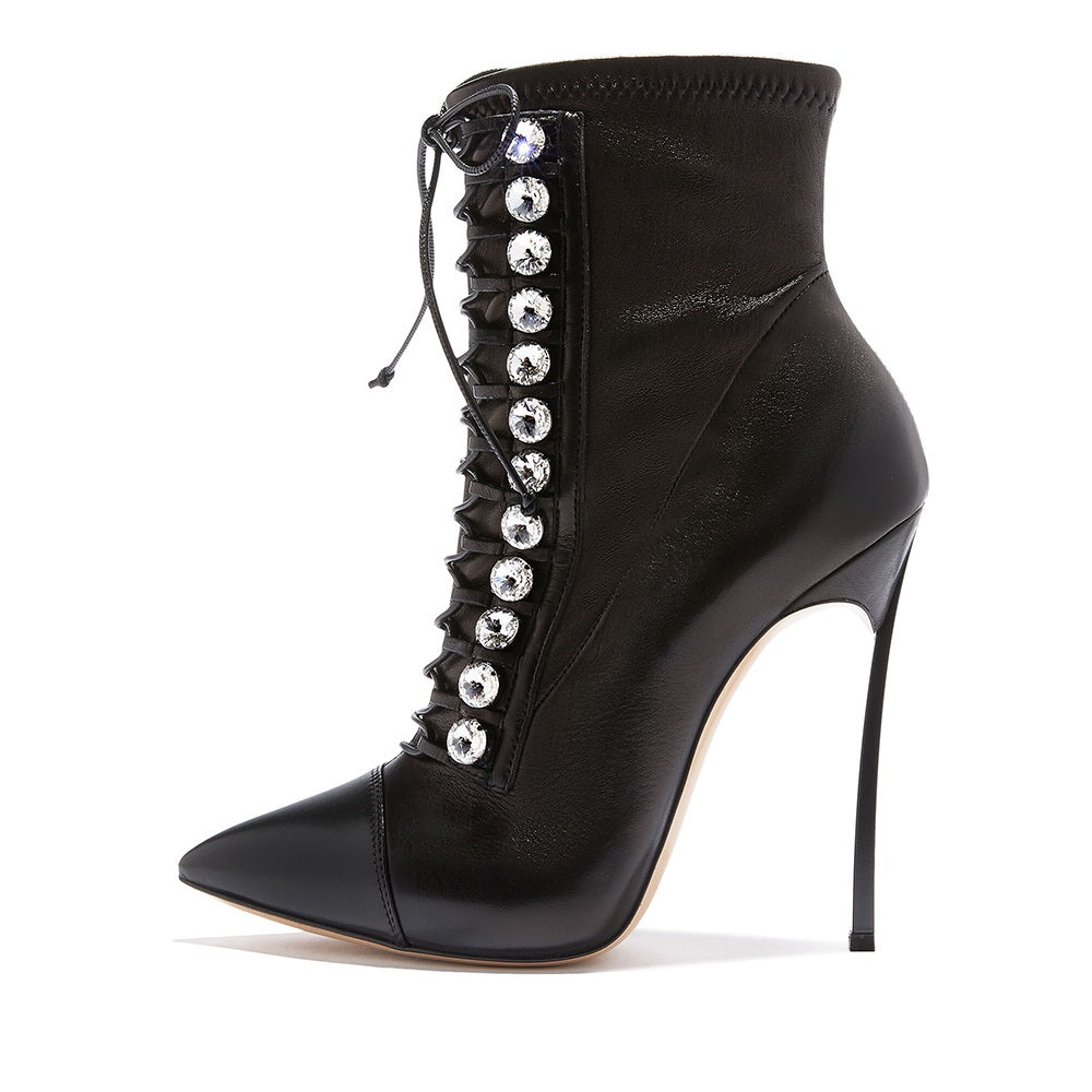 Black Lace-Up Pointed Toe Rhinestone Stiletto Heel Ankle Boots