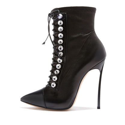 Black Lace-Up Pointed Toe Rhinestone Stiletto Heel Ankle Boots