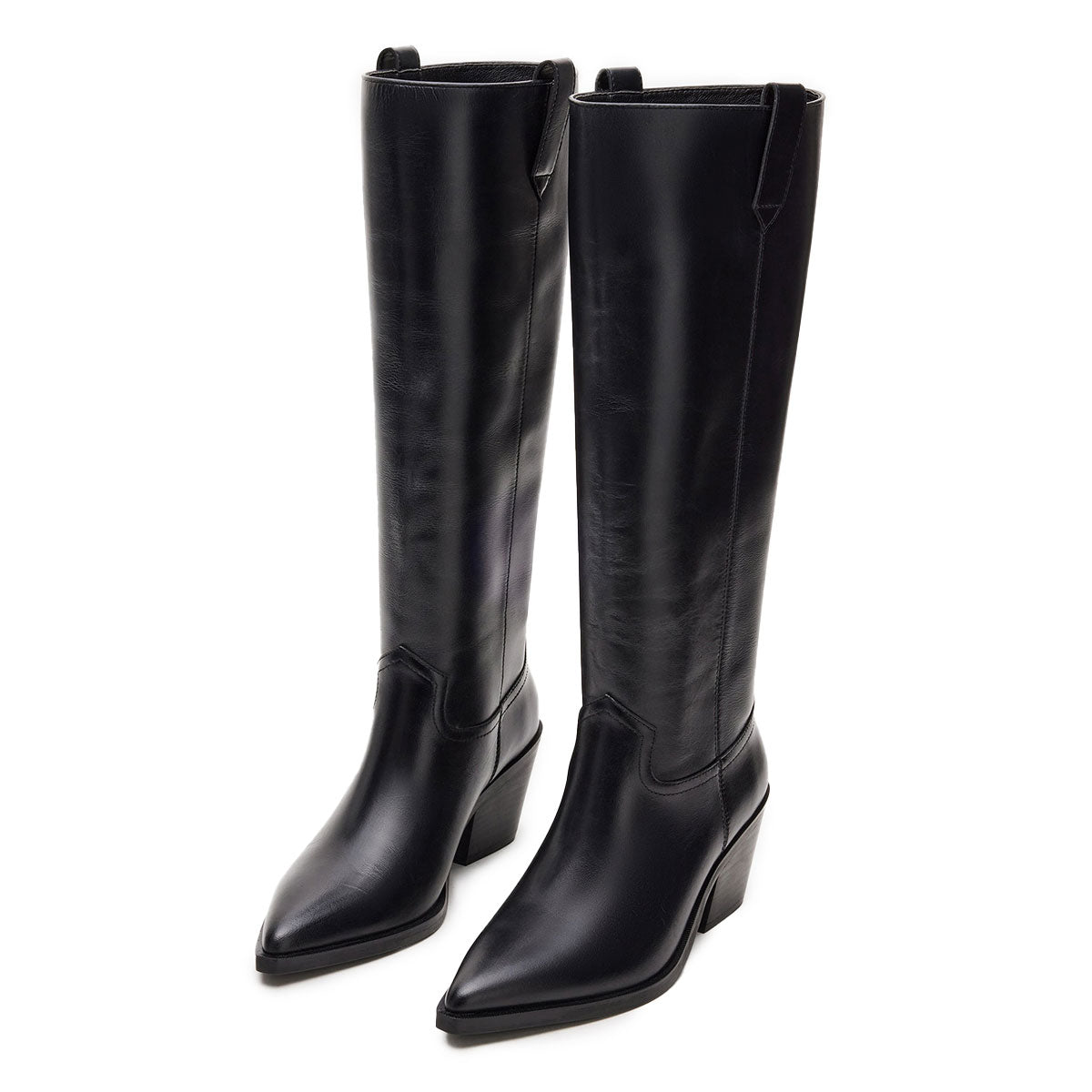 Black Vegan Leather Pointed Toe Chunky Heel Knee High Boots for Women