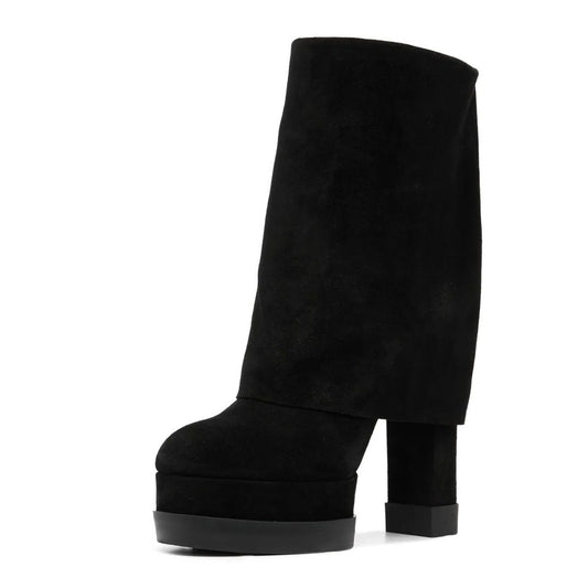 Black Vegan Suede Round Toe Block Heel Platform Fold Over Boots