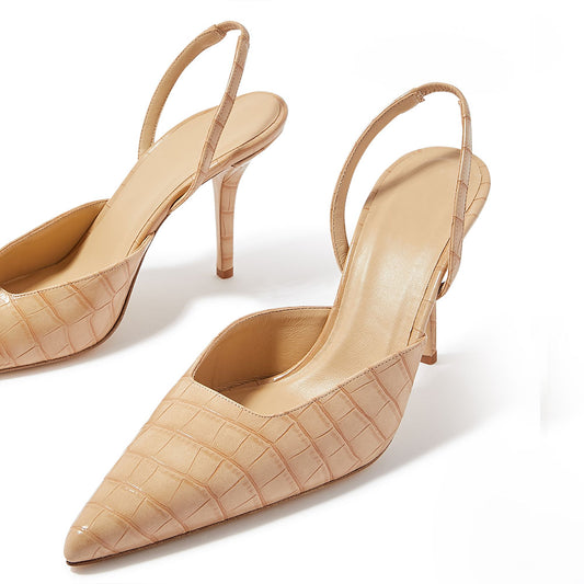 Women's Nude Croco Embossed Pointed Toe Slingback Pumps