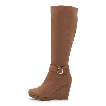 Brown Round Toe Buckle Strap Wedge Heel Platform Knee High Boots
