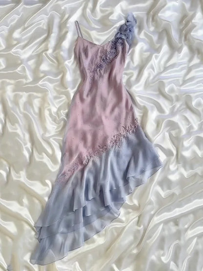 Enchanting Applique Shiny Beaded Prom Dress Sheath Spaghetti Strap Evening Dress Irregular Hem Formal Dress TP4694