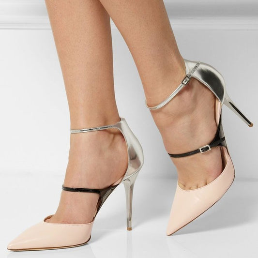 Women's Light Pink & Silver Ankle Strap Heels Pointed Toe Pumps