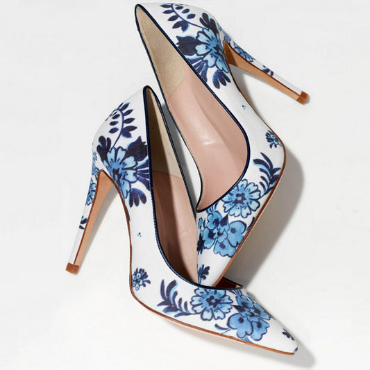 Women's White Pointed Toe Blue Floral Print Stiletto Heels Pumps