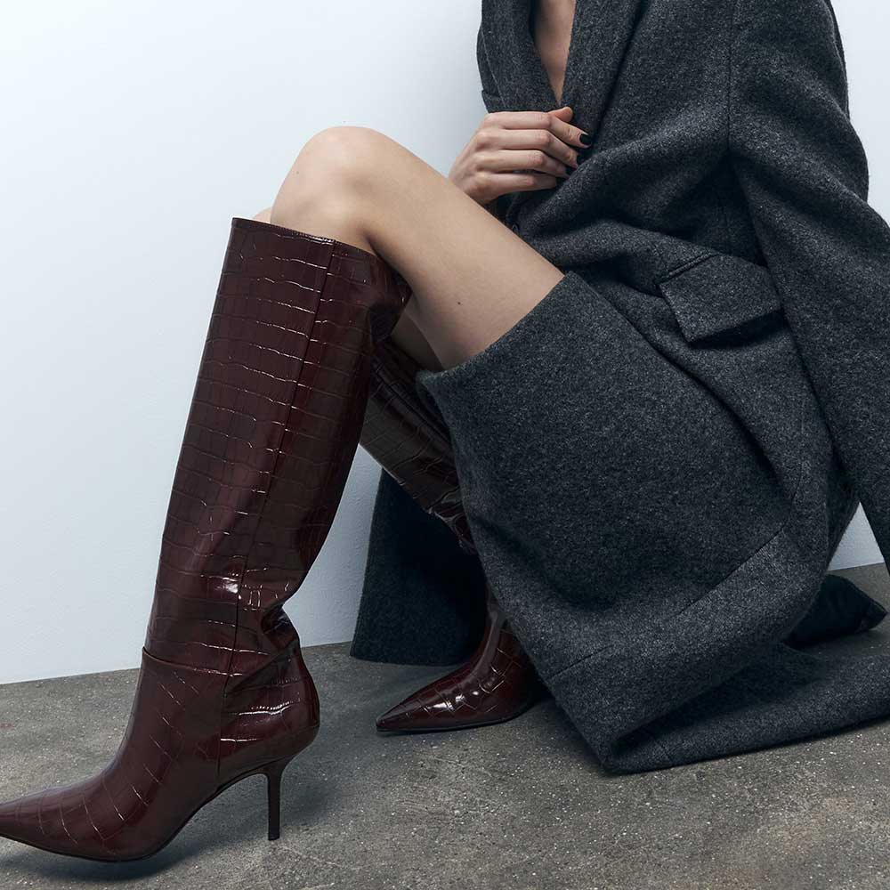 Brown Pointed Toe Stiletto Heel Wide Calf Knee High Boots