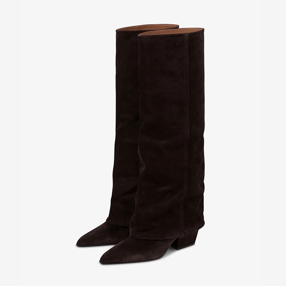 Dark Brown Pointed Toe Block Heel Fold Over Knee High Boots