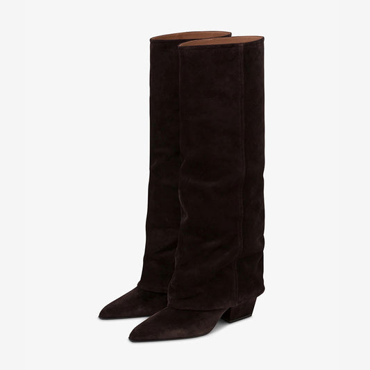 Dark Brown Pointed Toe Block Heel Fold Over Knee High Boots