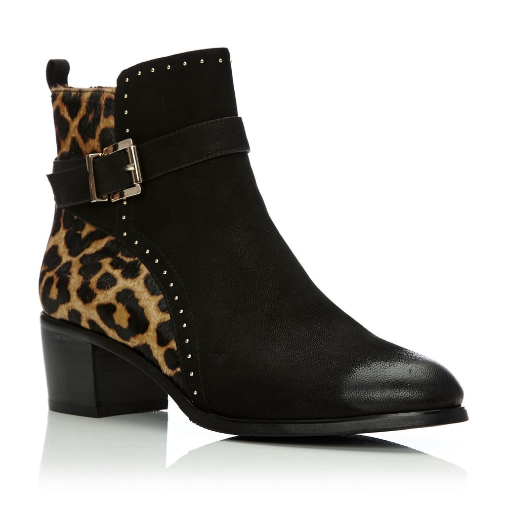 Black & Brown Leopard Print Ankle Boots Round Toe Studs Booties