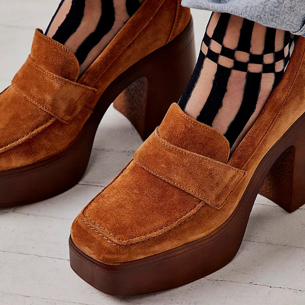 Brown Vegan Suede Slip-On Square Toe Chunky Heel Platform Loafers