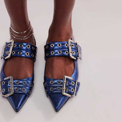 Navy Metallic Finish Slingback Shoes Double Grommet Straps Flats