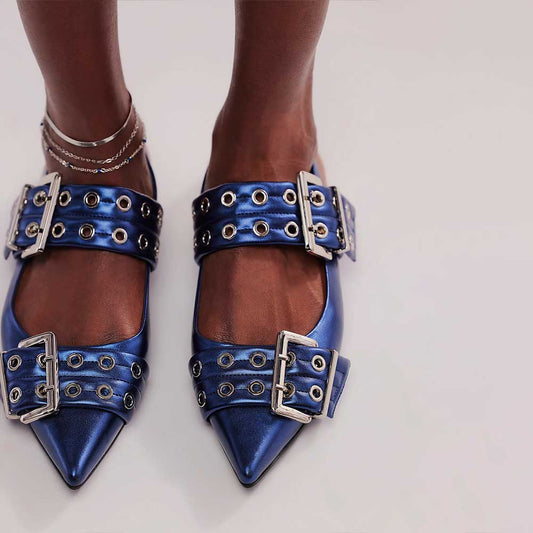 Navy Metallic Finish Slingback Shoes Double Grommet Straps Flats