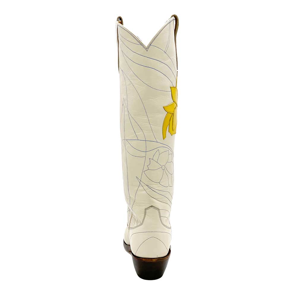 Beige Pointed Toe Yellow Floral Stitching Chunky Heel Knee High Boots