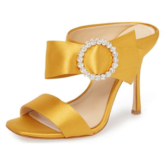 Yellow Satin Open Toe Rhinestone Buckle Mules Sandals