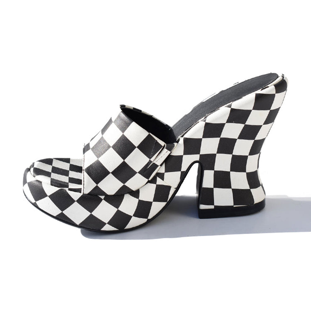 Black & White Plaid Open Toe Heeled Mules Sandals with Platform