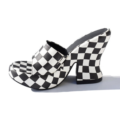 Black & White Plaid Open Toe Heeled Mules Sandals with Platform