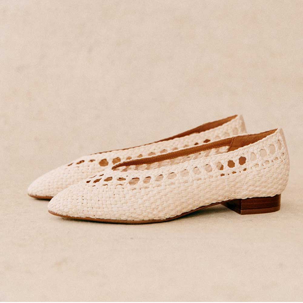 White Vegan Leather Pointed Toe Flat Slip-On Woven Shoes