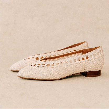 White Vegan Leather Pointed Toe Flat Slip-On Woven Shoes