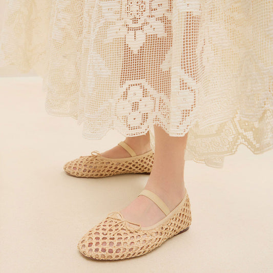 Beige Vegan Leather Round Toe Flat Woven Sophisticated Ballet Shoes