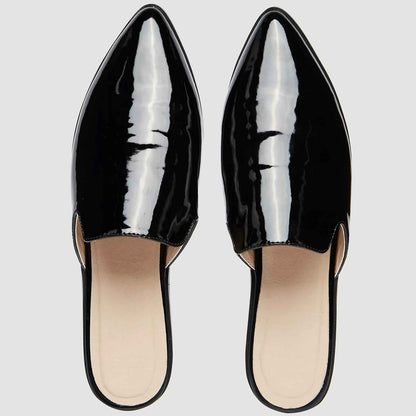 Black Patent Leather Mule Loafers Pointy Toe Casual Flats for Women