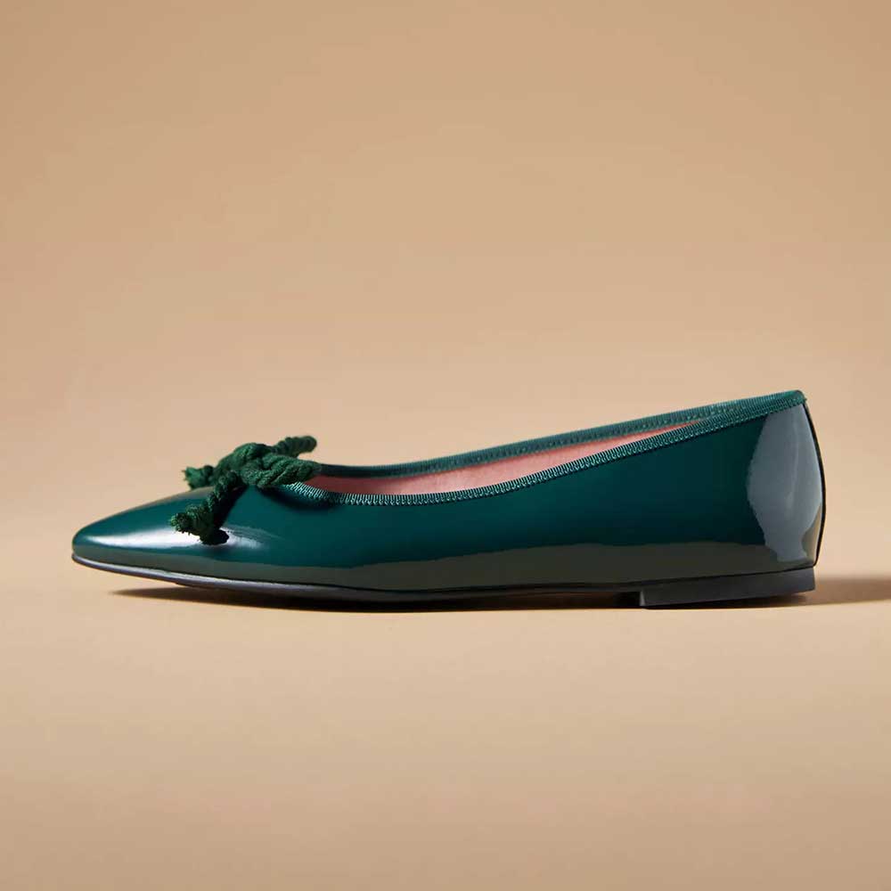 Green Patent Leather Pointed Toe Formal Flats with Bow