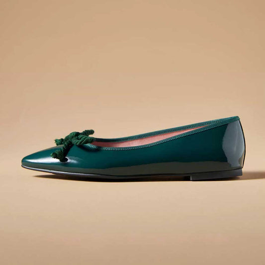 Green Patent Leather Pointed Toe Formal Flats with Bow