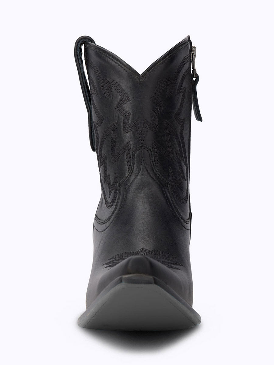 Black Snip Toe Embroidered Cowgirl Ankle Boots with Block Heel