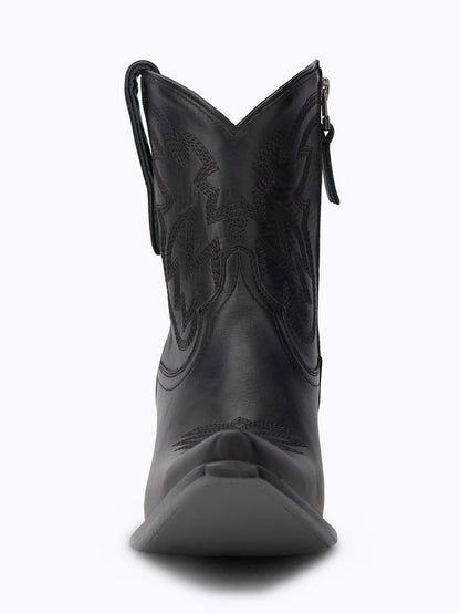 Black Snip Toe Embroidered Cowgirl Ankle Boots with Block Heel